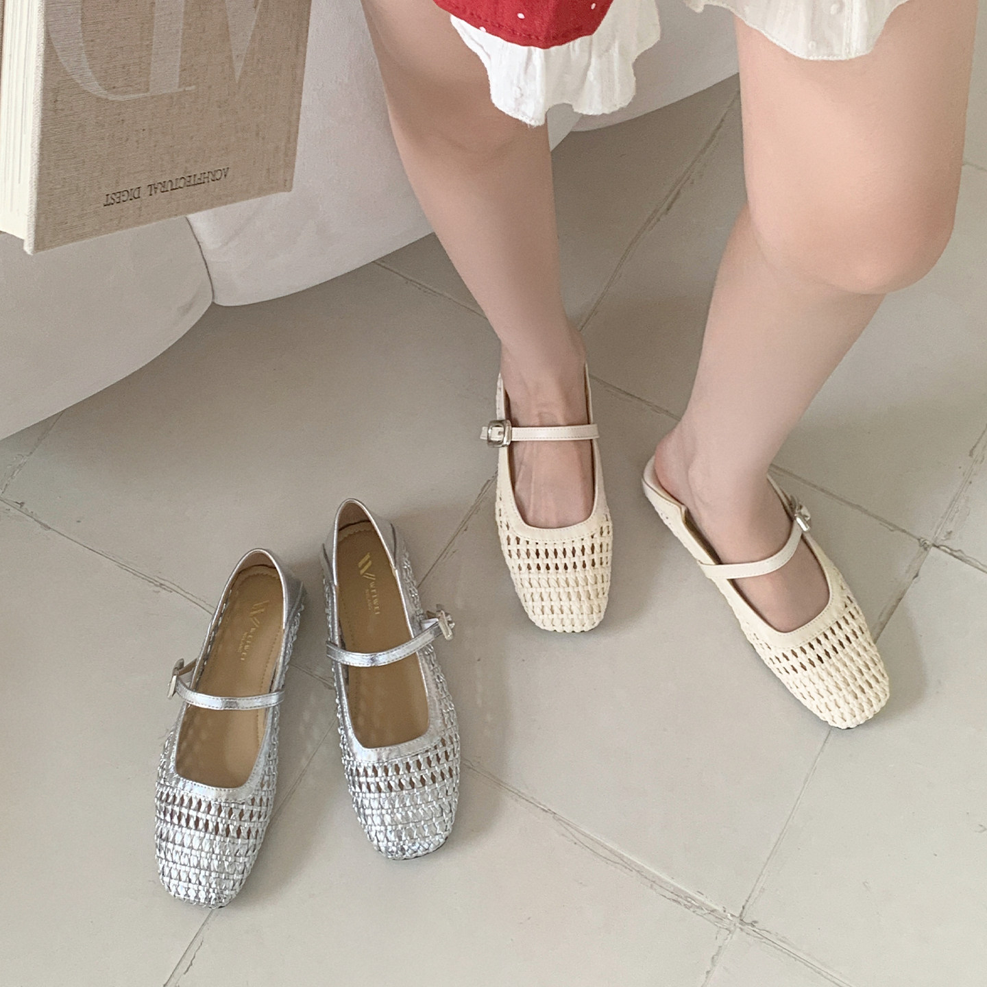 羊皮版~法式编织镂空银色单鞋女夏平底配裙子玛丽珍凉鞋大码女鞋