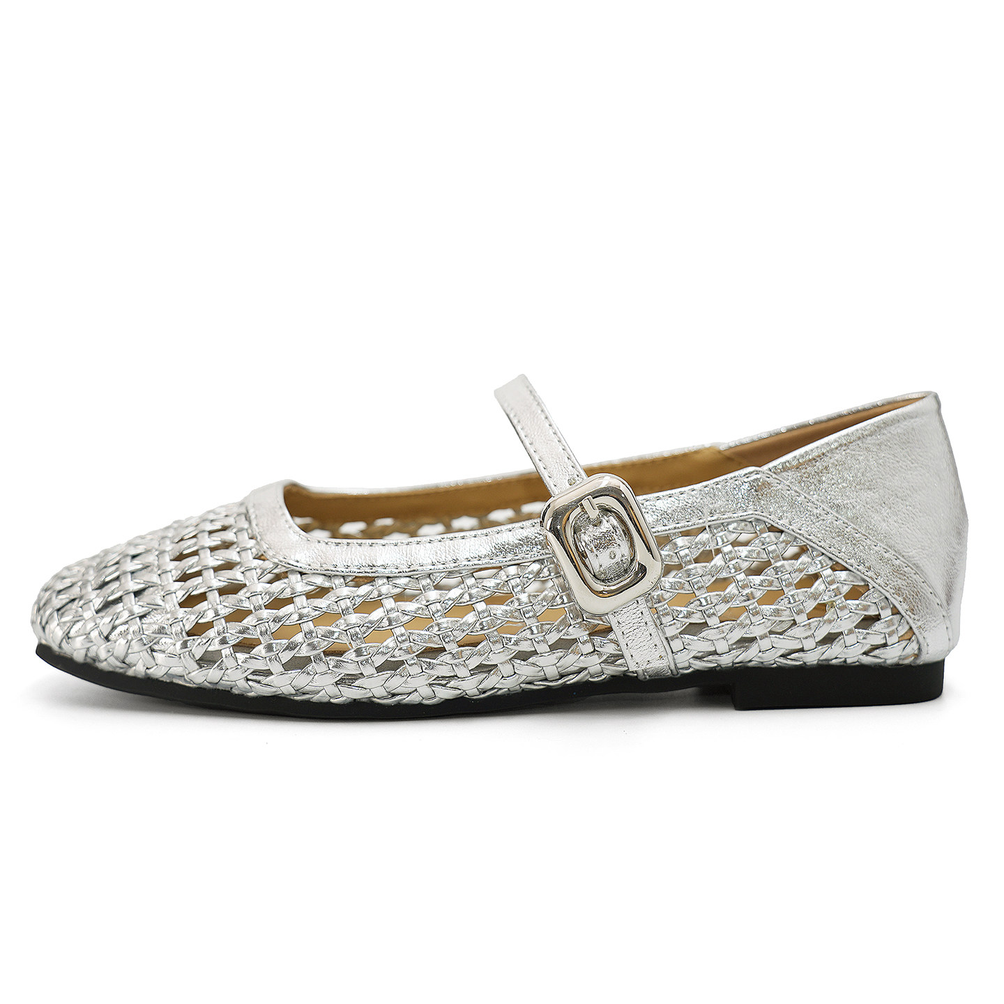 羊皮版~法式编织镂空银色单鞋女夏平底配裙子玛丽珍凉鞋大码女鞋
