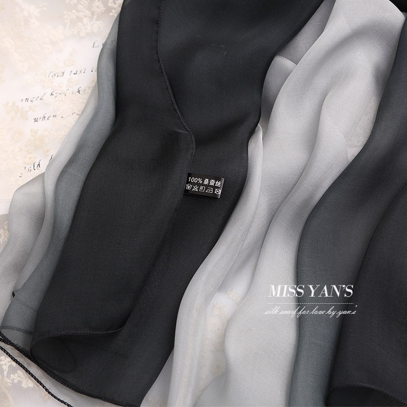 黑灰渐变色真丝丝巾女桑蚕丝丝绸围巾披肩长款夏春秋冬季杭州百搭