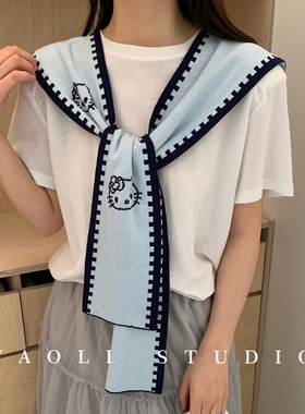 YAOLI可爱猫双面锁边披肩～秋冬针织小围巾女保暖外搭装饰坎肩韩
