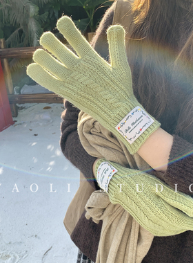 YAOLI绞花纹～韩系复古贴标针织手套女秋冬保暖露指可触屏防寒男