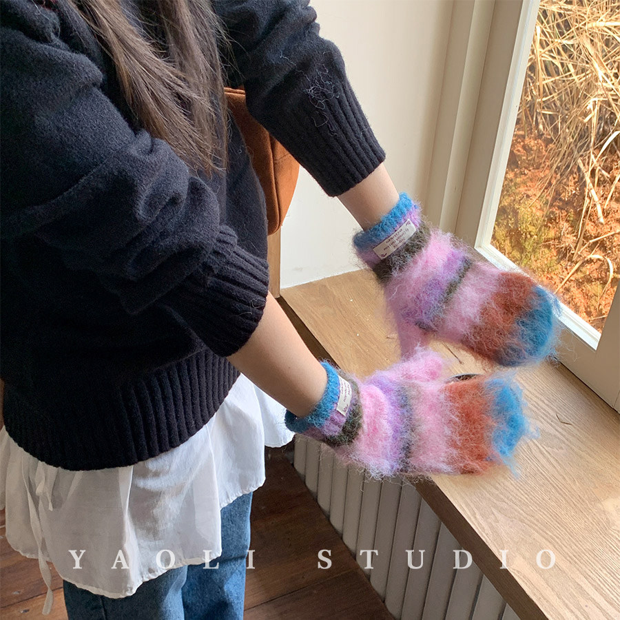 YAOLI配色hin好看～韩系秋冬ins氛围感毛绒套头帽子保暖手套女潮