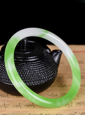 青峰玉业新疆女款玉手镯 冰糯种翡翠浅绿少女细圆条玉石镯子阳绿