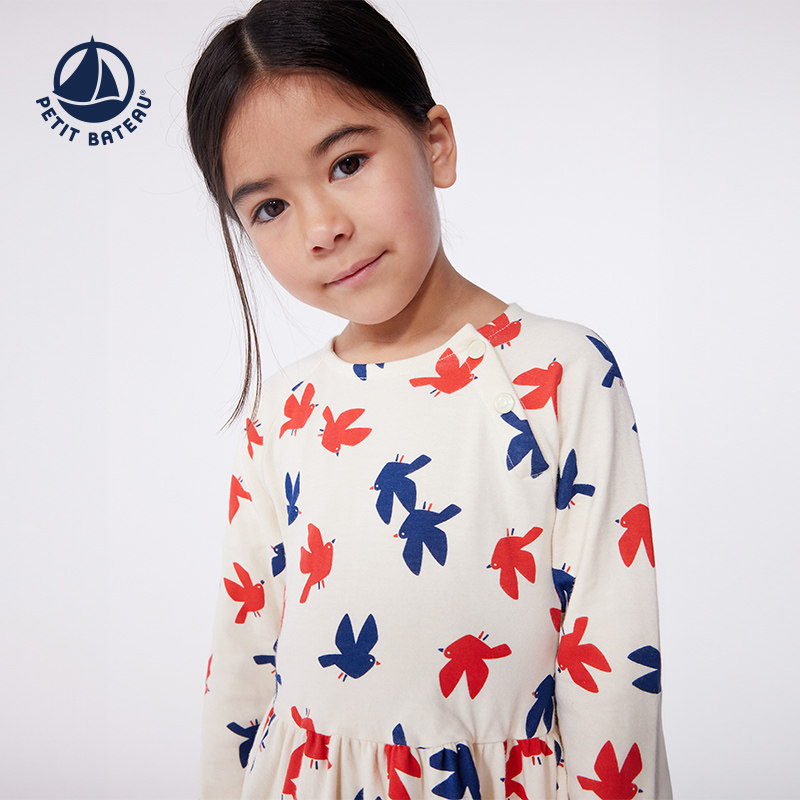 Petitbateau小帆船2025春夏新品女童中大童纯棉长袖连衣裙A0CY6