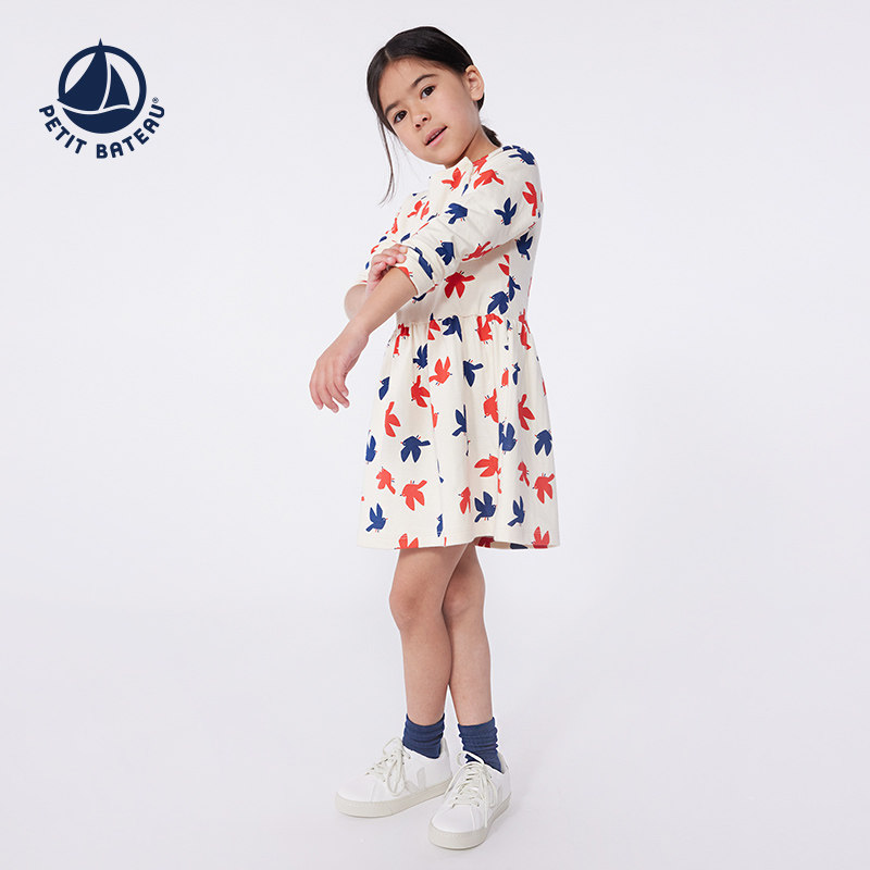 Petitbateau小帆船2025春夏新品女童中大童纯棉长袖连衣裙A0CY6