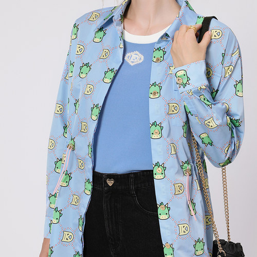 kodice春秋新款女装蓝色印花衬衫翻领单排扣长袖抽绳收腰衬衣上衣 - 图3