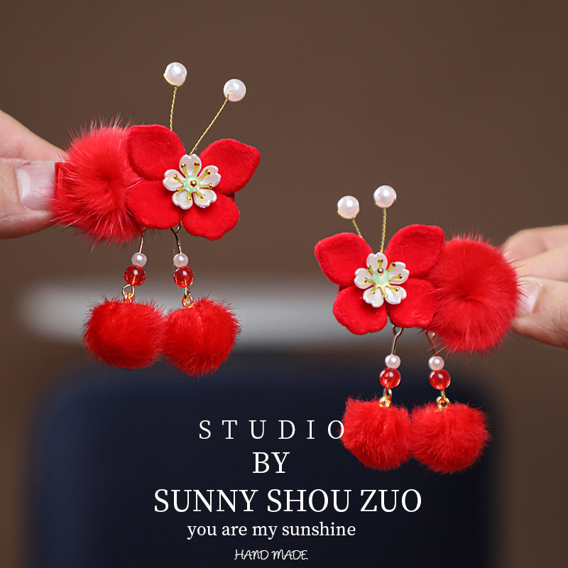 2026秋冬儿童古风对夹国风汉服小女孩蝴蝶结发夹过年红色宝宝头饰,淘宝优惠券,粉丝福利购,淘宝优惠卷