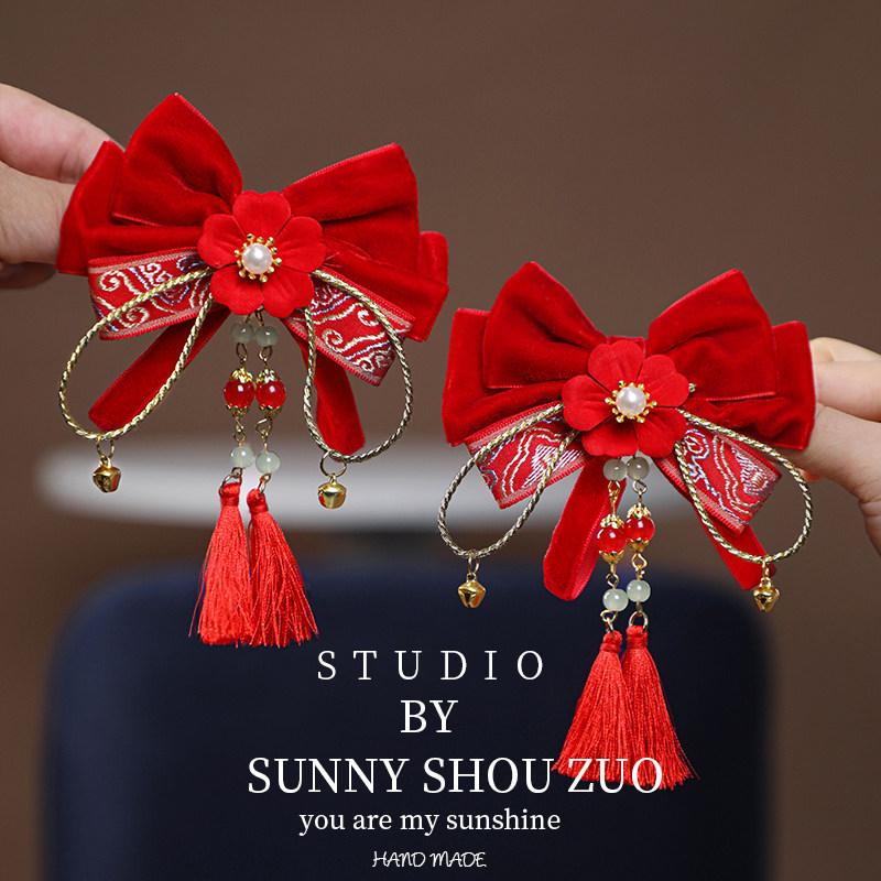 红色儿童古风发夹女孩蝴蝶结发卡宝宝古装汉服流苏头饰中国风新年,淘宝优惠券,粉丝福利购,淘宝优惠卷