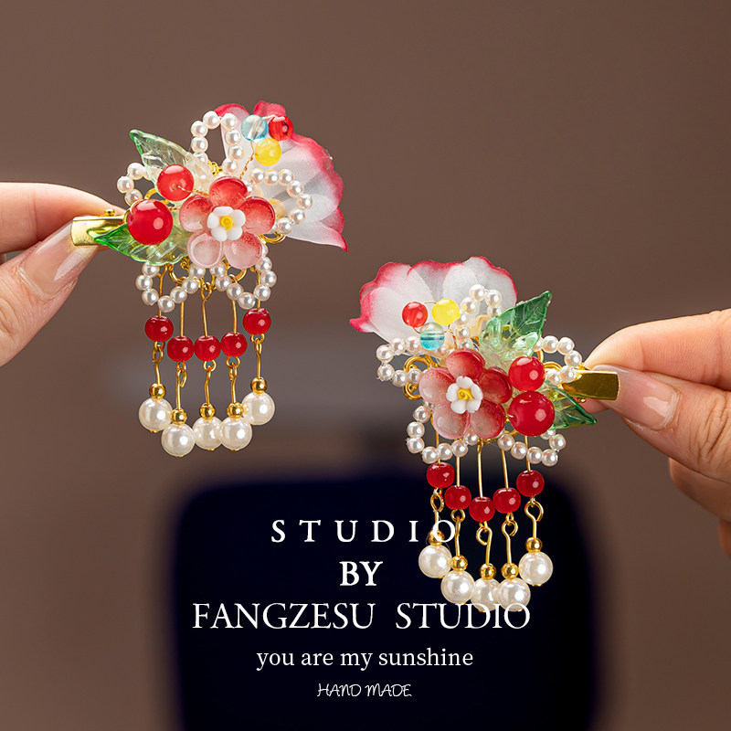 2026儿童古风头饰汉服国风花朵流苏发夹马年宝宝喜庆红色新年对夹,淘宝优惠券,粉丝福利购,淘宝优惠卷