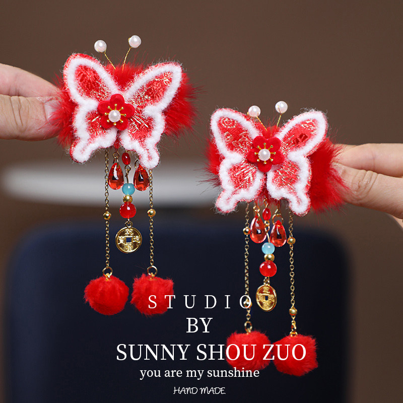 中国风可爱毛球发夹女儿童新年粉色蝴蝶结头饰对夹发卡小女孩发饰,淘宝优惠券,粉丝福利购,淘宝优惠卷