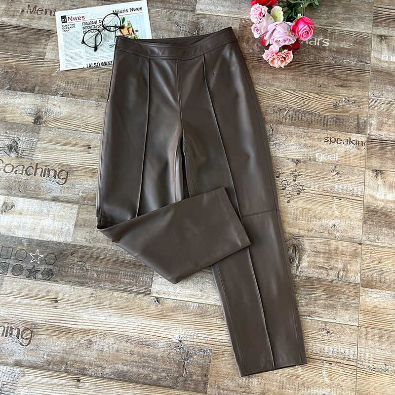 欧洲站2025秋冬新款小羊皮真皮高腰皮裤女长裤九分直筒裤皮裤子,淘宝优惠券,粉丝福利购,淘宝优惠卷