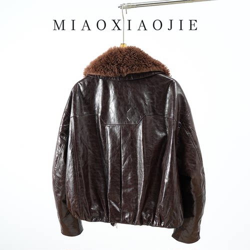 欧洲站2025冬新款高级感羊羔毛毛领真皮羽绒服女鹅绒外套皮夹克 - 图0