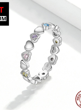 百搭原创纯银s925彩虹之心戒指女 彩色锆石心形镀白金指环手饰