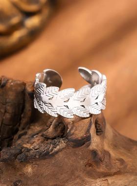 法式复古不锈钢树叶戒指