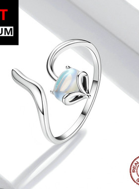 跨境百搭饰品纯银s925月光石狐狸开口戒指 精致时尚彩色动物指环