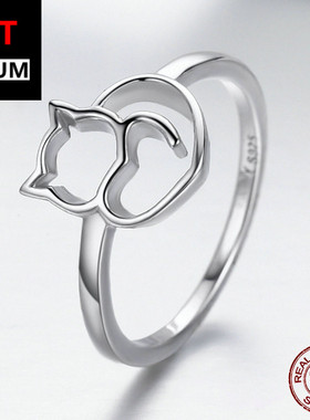 跨境百搭饰品动物系列调皮猫咪S925纯银戒指 个性简约镂空指环女