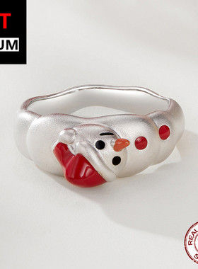 饰品跨境趣味可爱圣诞雪人宽戒指s925纯银镀白金圣诞节饰品手饰女