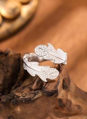 法式复古不锈钢树叶戒指