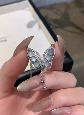 925银女翡翠蝴蝶流苏项链吊坠