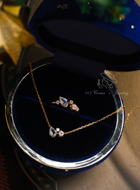 冰岛记忆 气质个性设计百搭日系蓝托帕石水晶925银戒指环项链套装