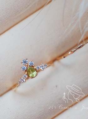 绿野仙踪 日系清新小众设计绿橄榄石两件套素圈925银镀金戒指叠戴