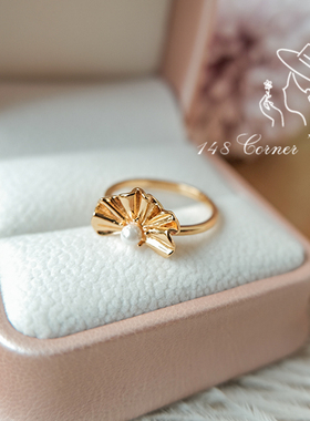 日系浪漫格桑花贝壳珍珠扇形戒指