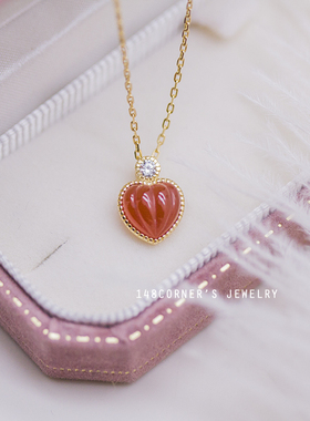 定制气质甜美可爱法式复古宫廷风酒红爱心玛瑙925银镀金锁骨短项