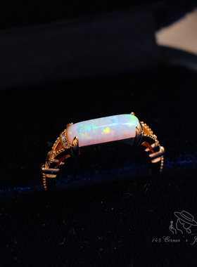 浅月 日系小众设计轻奢简约风一字合成欧泊S925纯银镀金戒指环