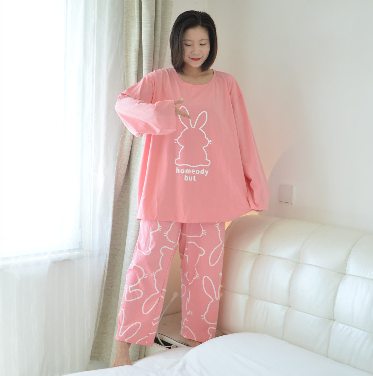 200斤加肥大码情侣卡通兔兔睡衣男女秋季长袖圆领纯棉胖MM家居服,淘宝优惠券,粉丝福利购,淘宝优惠卷