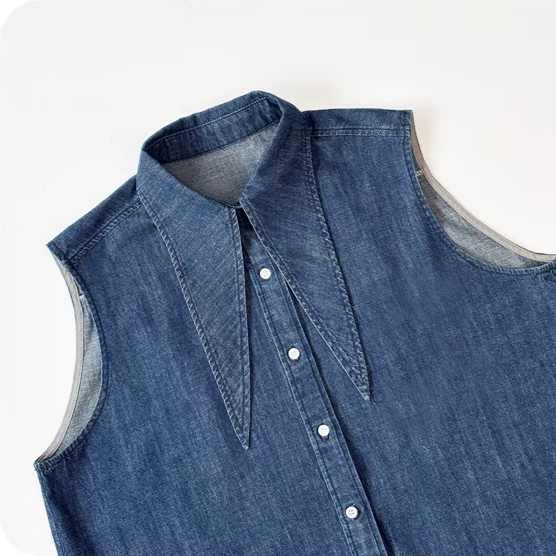 尖领设计牛仔衬衣直身款牛仔无袖衬衫时尚蓝色无袖衬衫女牛仔系带,淘宝优惠券,粉丝福利购,淘宝优惠卷