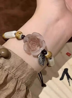 新中式山茶花编织手链女原创设计小众陶瓷手饰民族风手绳饰品