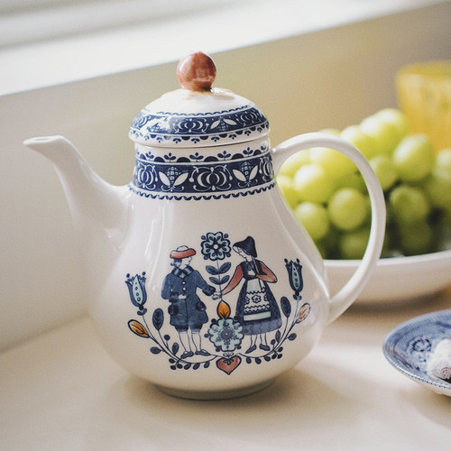 清现货Johnson Brothers英国中古釉下彩心花跳舞男孩女孩陶瓷水壶 - 图2