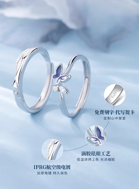 沧海蝴蝶S999纯银戒指男女一对情侣款对戒小众定情信物纪念日礼物
