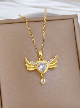 金色水晶天使翅膀爱心流苏锁骨链