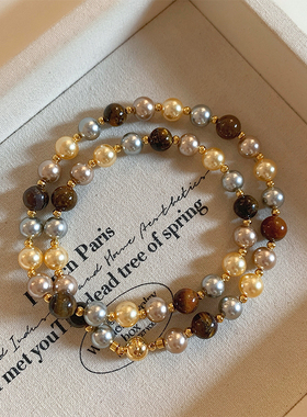 高级感轻奢小众天然虎眼石珍珠串珠项链女美拉德磁吸锁骨链毛衣链