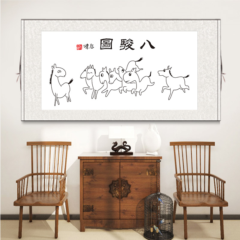 搞笑字画徐悲鸿八骏图书画作品百鸟朝凤图猛虎下山图装饰卷轴挂画-图2
