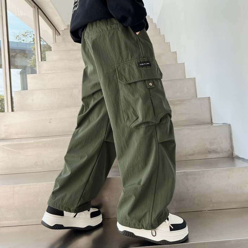 儿童运动春秋新款季工装黑色男童裤子休闲胖孩薄阔腿中大童夏防蚊 - 图2