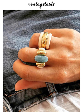 法式复古蓝金色金属戒指