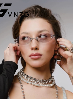 VNTG无边框椭圆形透明镜片银色金属框架眼镜墨镜时髦ins太阳眼镜