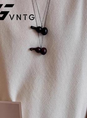 VINTAGETASTE 新中式红檀黑檀木葫芦吊坠项链小众皮绳ins风毛衣链