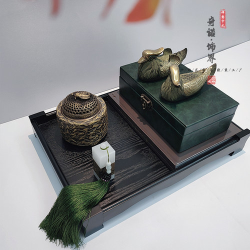 客厅茶几摆件铜鸳鸯香炉印章流苏新中式样板房间茶室软装托盘组合 - 图0