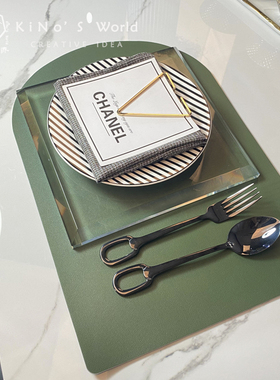 KiNo奇诺 北欧样板房西餐具套装软装餐桌摆台 绿色系餐盘镜面刀叉