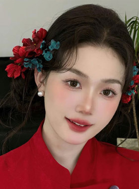 新款红色蓝色新娘头饰森系复古发饰结婚礼服敬酒服配饰品发夹耳环