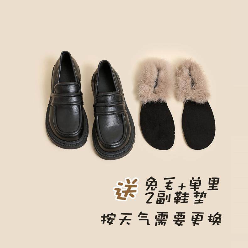 韩国厚底大头皮鞋女乐福鞋单鞋2025秋冬新款加绒兔毛JK皮鞋毛毛鞋,淘宝优惠券,粉丝福利购,淘宝优惠卷