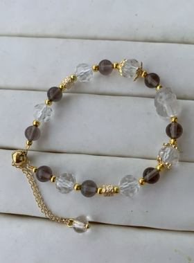 天然白水晶貔貅设计款手链14K金冰种黑曜石貔貅抽拉扣饰品手串