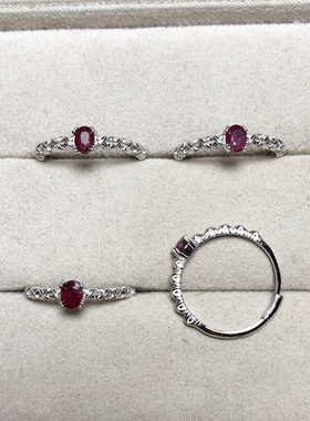 天然红宝石戒指女白铜托活口