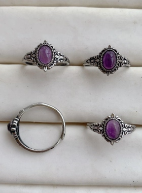 天然紫水晶戒指女白铜托活口复古做旧花边女款彩宝水晶饰品礼物