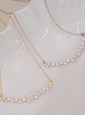 DIY珍珠配件 S925纯银微笑满天星项链锁骨链半成品 金色银色