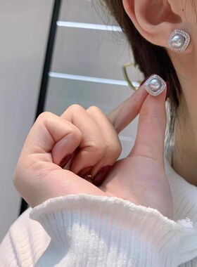 DIY珍珠配件 方糖围镶锆石铜镀金S925银耳针耳钉半成品  金色银色