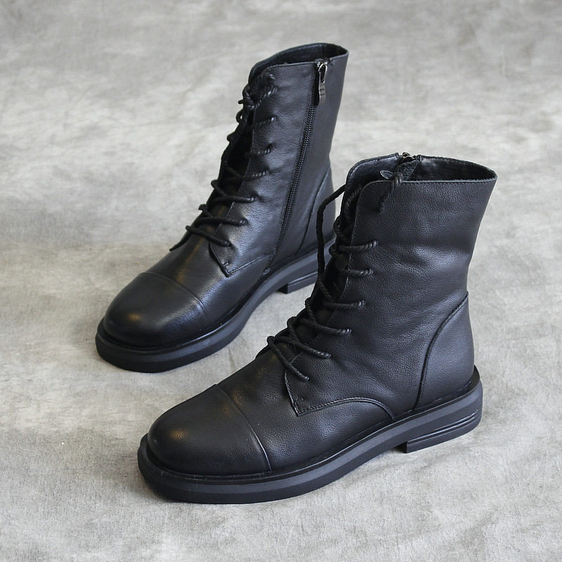 女靴法式2021新款头层牛皮简洁手工真皮短靴女马丁靴低跟矮靴低筒,淘宝优惠券,粉丝福利购,淘宝优惠卷